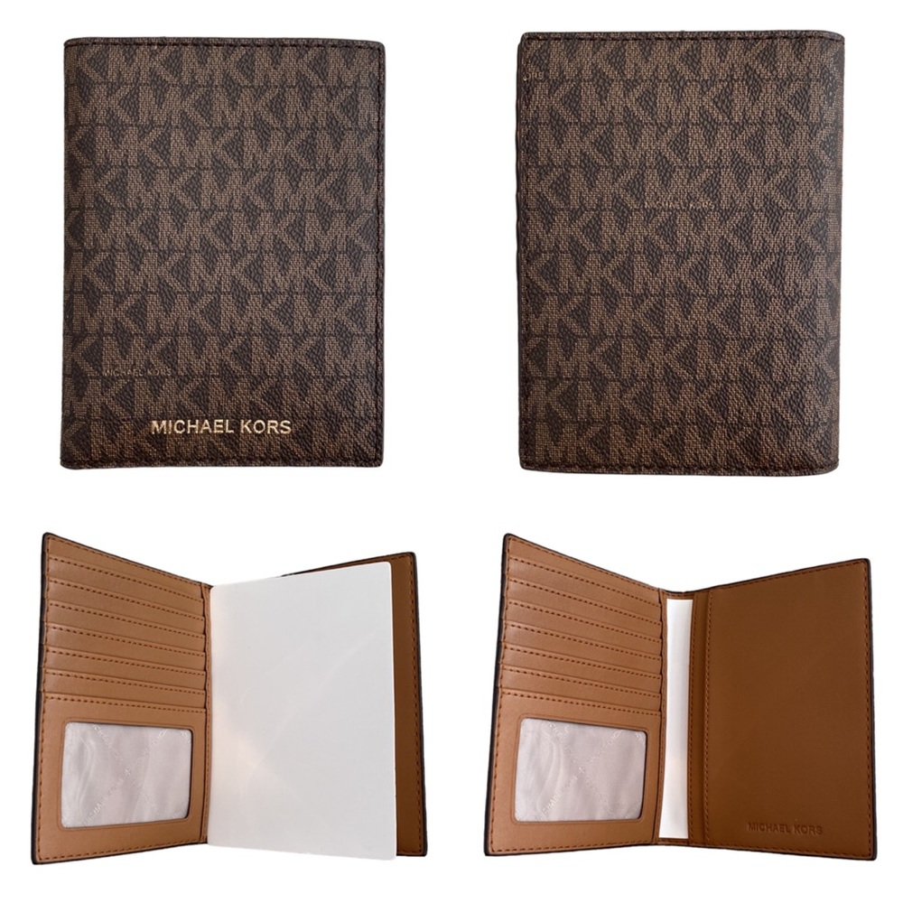 Michael Kors Logo Jet Set Passport Holder Wallet Cover Travel Brown Acorn